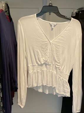 Express White Long Sleeve Smocked Wrap Blouse